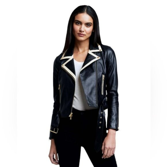 L'AGENCE Syd Black Leather Jacket with Cream Accents - Picture 1 of 8